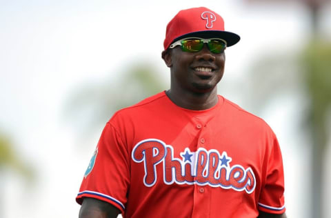 Mar 3, 2016; Clearwater, FL, USA; Philadelphia Phillies infielder Ryan Howard (6) warms up before the start of the spring training game against the Houston Astros at Bright House Field. Mandatory Credit: Jonathan Dyer-USA TODAY Sports