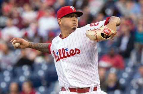 Apr 19, 2016; Philadelphia, PA, USA; Philadelphia Phillies starting pitcher Vince Velasquez (28) pitches during the first inning against the New York Mets at Citizens Bank Park. Mandatory Credit: Bill Streicher-USA TODAY Sports