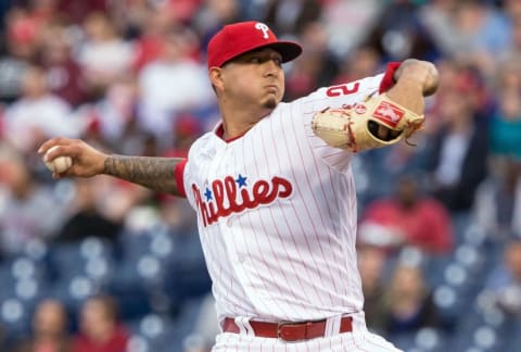 Apr 19, 2016; Philadelphia, PA, USA; Philadelphia Phillies starting pitcher Velasquez (28) pitches during the first inning against the New York Mets at Citizens Bank Park. (Photo Credit: Bill Streicher-USA TODAY Sports)