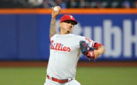 Apr 9, 2016; New York City, NY, USA; Philadelphia Phillies starting pitcher Velasquez (28) throws the ball during the first inning against the New York Mets at Citi Field. (Photo Credit: Anthony Gruppuso-USA TODAY Sports)