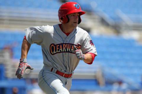 10 APR 2016: Scott Kingery of the Threshers during the Florida State League game between the Clearwater Threshers and the Dunedin Blue Jays at Florida Auto Exchange Stadium in Dunedin, Florida.