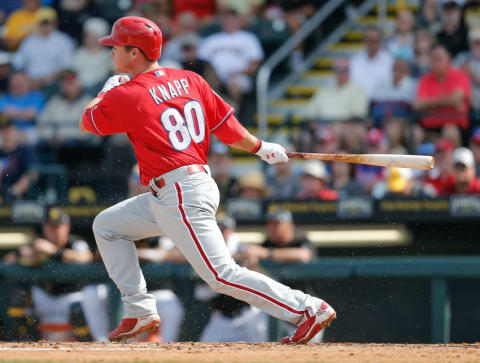 Mar 7, 2016; Bradenton, FL, USA; Philadelphia Phillies catcher Andrew Knapp (80) bats during the seventh inning of a spring training baseball game against the Pittsburgh Pirates at McKechnie Field. The Phillies won 1-0. Mandatory Credit: Reinhold Matay-USA TODAY Sports