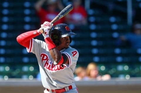 Oct. 14, 2014; Mesa, AZ, USA; Philadelphia Phillies outfielder Roman Quinn plays for the Mesa Solar Sox during an Arizona Fall League game against the Scottsdale Scorpions at Salt River Field. Mandatory Credit: Mark J. Rebilas-USA TODAY Sports