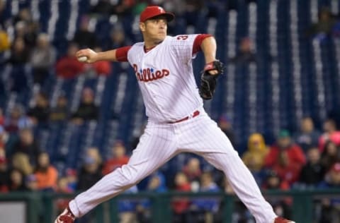 Apr 29, 2016; Philadelphia, PA, USA; Philadelphia Phillies relief pitcher David Hernandez (30) pitches during the tenth inning against the Cleveland Indians at Citizens Bank Park. The Philadelphia Phillies won 4-3. Mandatory Credit: Bill Streicher-USA TODAY Sports