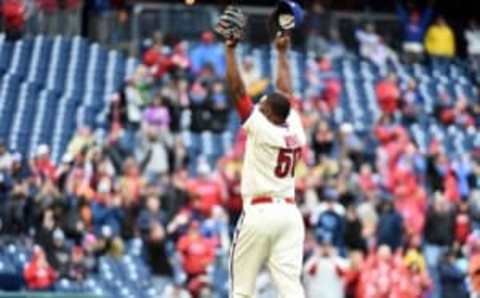 May 1, 2016; Philadelphia, PA, USA; Philadelphia Phillies relief pitcher Neris (50) celebrates final out during the ninth inning against the Cleveland Indians at Citizens Bank Park. The Phillies defeated the Indians, 2-1. (Photo Credit: Eric Hartline-USA TODAY Sports)