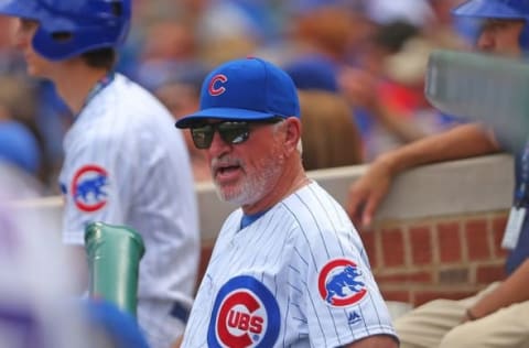 May 28, 2016; Chicago, IL, USA; Chicago Cubs manager Joe Maddon (70) looks on during the fifth inning against the Philadelphia Phillies at Wrigley Field. Mandatory Credit: Dennis Wierzbicki-USA TODAY Sports