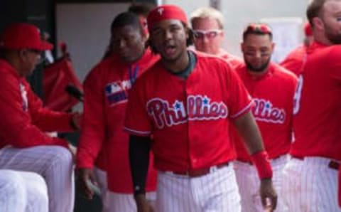 May 18, 2016; Philadelphia, PA, USA; The Phillies have begun wearing a red alternate jersey for weekday homes games during this 2016 season. (Photo Credit: Bill Streicher-USA TODAY Sports)