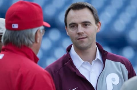 Apr 15, 2016; Philadelphia, PA, USA; Philadelphia Phillies general manager Matt Klentak (R) talks with manager Pete Mackanin (L) before a game against the Washington Nationals at Citizens Bank Park. Mandatory Credit: Bill Streicher-USA TODAY Sports