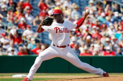 Mar 3, 2015; Clearwater, FL, USA; Philadelphia Phillies pitcher Joely Rodriguez (64) throws a pitch during the fifth inning against the New York Yankees during a spring training baseball game at Bright House Field. Mandatory Credit: Kim Klement-USA TODAY Sports