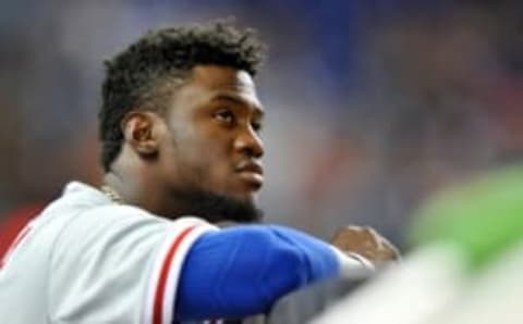 Sep 23, 2015; Miami, FL, USA; Philadelphia Phillies center fielder Odubel Herrera (37) looks on from the dugout during the seventh inning against the Miami Marlins at Marlins Park. The Marlins won 1-0. Mandatory Credit: Steve Mitchell-USA TODAY Sports