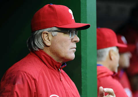 Apr 28, 2016; Washington, DC, USA; Philadelphia Phillies manager Pete Mackanin (45) in the dugout during the first inning against the Washington Nationals at Nationals Park. Mandatory Credit: Brad Mills-USA TODAY Sports