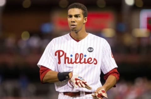 Aug 18, 2015; Philadelphia, PA, USA; Philadelphia Phillies outfielder Altherr (40) in a game against the Toronto Blue Jays at Citizens Bank Park. The Blue Jays won 8-5. Mandatory Credit: Bill Streicher-USA TODAY Sports