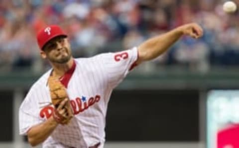 Jun 6, 2016; Philadelphia, PA, USA; Philadelphia Phillies starting pitcher Adam Morgan (39) pitches during the third inning against the Chicago Cubs at Citizens Bank Park. Mandatory Credit: Bill Streicher-USA TODAY Sports