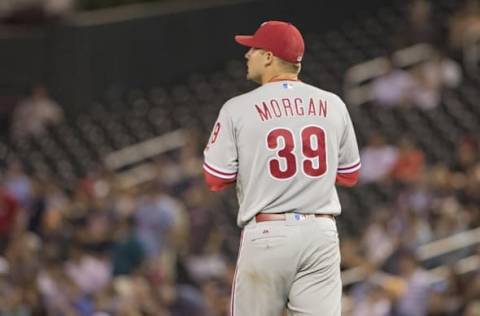 Jun 22, 2016; Minneapolis, MN, USA; Philadelphia Phillies starting pitcher Morgan (39) looks on after giving up two runs against the Minnesota Twins in the fifth inning at Target Field. Mandatory Credit: Jesse Johnson-USA TODAY Sports