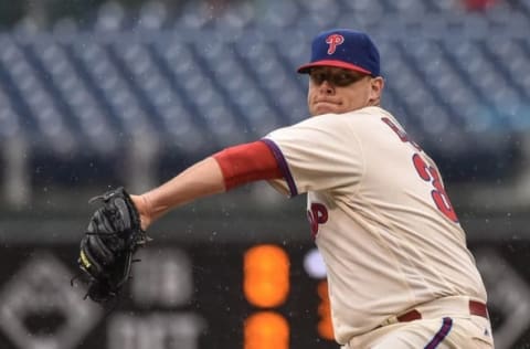 May 21, 2016; Philadelphia, PA, USA; Philadelphia Phillies relief pitcher Bailey (38) pitches during the seventh inning of the game against the Atlanta Braves at Citizens Bank Park. The Braves won 2-0. Mandatory Credit: John Geliebter-USA TODAY Sports