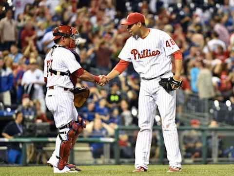 Jun 7, 2016; Philadelphia, PA, USA; Philadelphia Phillies relief pitcher Gomez (46) and catcher Ruiz (51) celebrate win against the Chicago Cubs at Citizens Bank Park. The Phillies defeated the Cubs, 3-2. Mandatory Credit: Eric Hartline-USA TODAY Sports