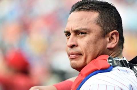 Jun 15, 2016; Philadelphia, PA, USA; Philadelphia Phillies catcher Ruiz (51) against the Toronto Blue Jays at Citizens Bank Park. Mandatory Credit: Eric Hartline-USA TODAY Sports