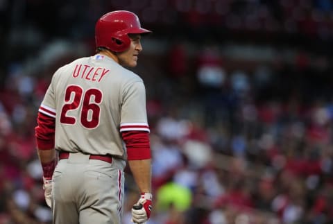 Apr 27, 2015; St. Louis, MO, USA; Philadelphia Phillies second baseman Utley (26) bats against the St. Louis Cardinals during the first inning at Busch Stadium. Mandatory Credit: Jeff Curry-USA TODAY Sports