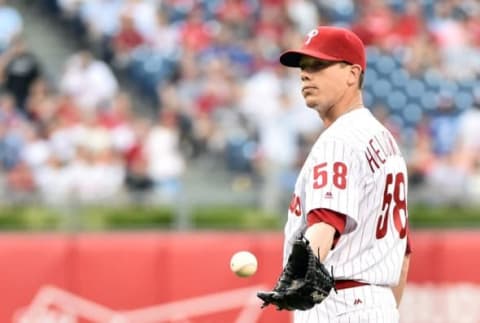 Jun 15, 2016; Philadelphia, PA, USA; Philadelphia Phillies starting pitcher Jeremy Hellickson (58) reacts after allowing a home run by Toronto Blue Jays designated hitter Edwin Encarnacion (not pictured) during the second inning at Citizens Bank Park. Mandatory Credit: Eric Hartline-USA TODAY Sports