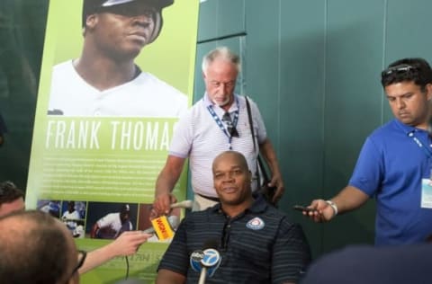 Jul 26, 2014; Cooperstown, NY, USA; Chicago White Sox former player Frank  ‘the Big Hurt’ Thomas answers questions at the media press conference at the National Baseball Hall of Fame. Mandatory Credit: Gregory J. Fisher-USA TODAY Sports