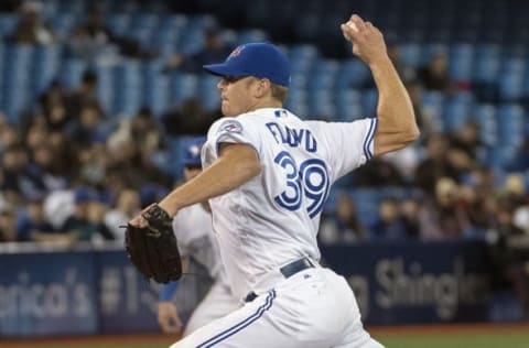 Apr 12, 2016; Toronto, Ontario, CAN; Toronto Blue Jays relief pitcher Floyd (39) throws a pitch during the ninth inning in a game against the New York Yankees at Rogers Centre. The New York Yankees won 3-2. Mandatory Credit: Nick Turchiaro-USA TODAY Sports