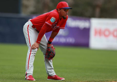 Mar 13, 2016; Tampa, FL, USA; Philadelphia Phillies shortstop Crawford (77) against the New York Yankees at George M. Steinbrenner Field. Mandatory Credit: Kim Klement-USA TODAY Sports