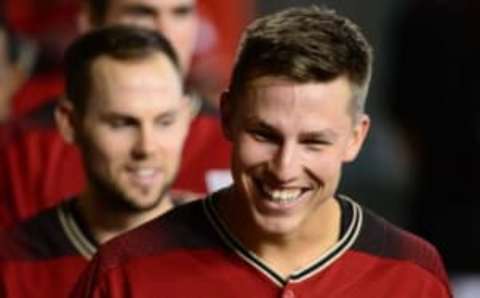 May 15, 2016; Phoenix, AZ, USA; Arizona Diamondbacks infielder Lamb (22) smiles while walking through the dugout against the San Francisco Giants at Chase Field. Mandatory Credit: Jennifer Stewart-USA TODAY Sports