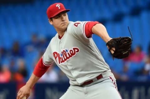 Jun 13, 2016; Toronto, Ontario, CAN; Philadelphia Phillies starting pitcher Eickhoff (48) delivers a pitch against Toronto Blue Jays at Rogers Centre. Mandatory Credit: Dan Hamilton-USA TODAY Sports