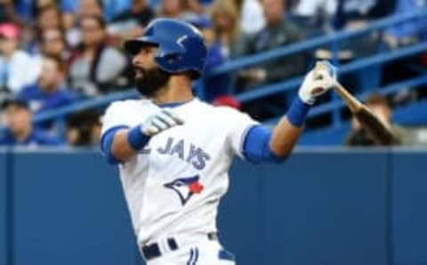 Jun 9, 2016; Toronto, Ontario, CAN; Toronto Blue Jays right fielder Bautista (19) hits a double against Baltimore Orioles in the first inning at Rogers Centre. Mandatory Credit: Dan Hamilton-USA TODAY Sports