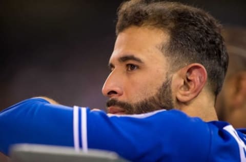 May 19, 2016; Minneapolis, MN, USA; Toronto Blue Jays outfielder  Bautista (19) in the dugout in the eleventh inning against the Minnesota Twins at Target Field. The Toronto Blue Jays beat the Minnesota Twins 3-2 in 11 innings. Mandatory Credit: Brad Rempel-USA TODAY Sports