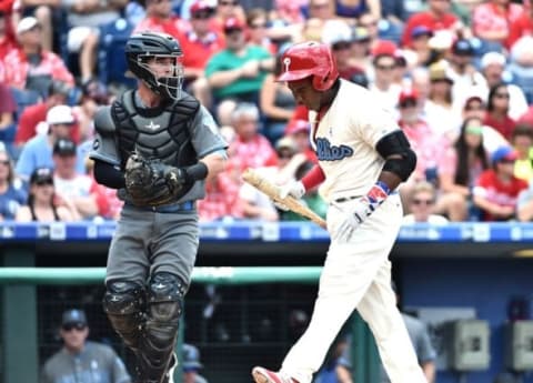 Jun 19, 2016; Philadelphia, PA, USA; Philadelphia Phillies third baseman Franco (7) reacts after striking out during the fifth inning against the Arizona Diamondbacks at Citizens Bank Park. Mandatory Credit: Eric Hartline-USA TODAY Sports