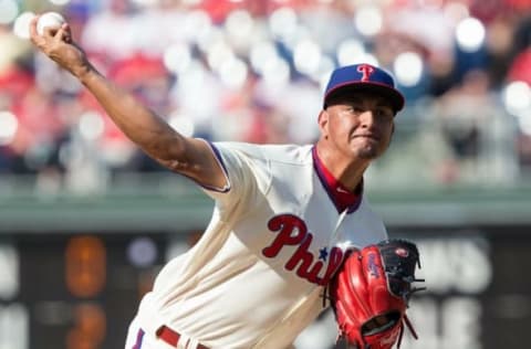 Jun 18, 2016; Philadelphia, PA, USA; Philadelphia Phillies pitcher Gonzalez (52) pitches during the seventh inning against the Arizona Diamondbacks at Citizens Bank Park. The Arizona Diamondbacks won 4-1. Mandatory Credit: Bill Streicher-USA TODAY Sports