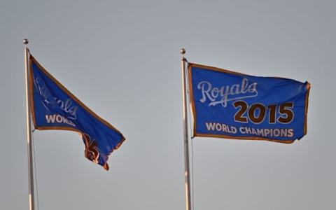 Apr 3, 2016; Kansas City, MO, USA; Kansas City Royals 2015 World Series flag flies with the 1985 flay prior to the opening night game against the New York Mets at Kauffman Stadium. Mandatory Credit: Peter G. Aiken-USA TODAY Sports