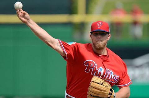 Mar 3, 2016; Clearwater, FL, USA; Philadelphia Phillies starting pitcher Jake Thompson (75) warms up before the start of the spring training game against the Houston Astros at Bright House Field. Mandatory Credit: Jonathan Dyer-USA TODAY Sports