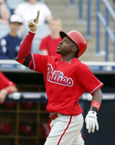 Mar 3, 2016; Tampa, FL, USA; Philadelphia Phillies Roman Quinn (71) celebrates as he approaches home plate after hitting a home run against the New York Yankees during the ninth inning at George M. Steinbrenner Field. Mandatory Credit: Butch Dill-USA TODAY Sports