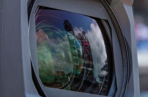 Jul 22, 2015; Philadelphia, PA, USA; Reflection of the big scoreboard on a television camera lens during a game between the Philadelphia Phillies and the Tampa Bay Rays at Citizens Bank Park. The Phillies won 5-4 in the tenth inning. Mandatory Credit: Bill Streicher-USA TODAY Sports