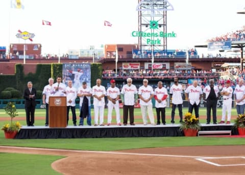 Jul 31, 2015; Philadelphia, PA, USA; Philadelphia Phillies former left fielder Pat ‘the Bat’ Burrell is honored as the 37th inductee into the Phillies Wall of Fame before a game against the Atlanta Braves at Citizens Bank Park. Mandatory Credit: Bill Streicher-USA TODAY Sports