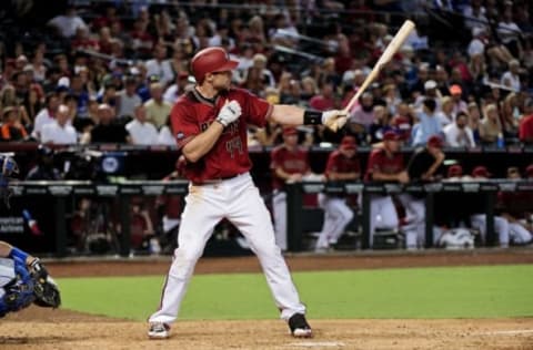 Jun 15, 2016; Phoenix, AZ, USA; Arizona Diamondbacks first baseman Goldschmidt (44) bats in the eighth inning against the Los Angeles Dodgers at Chase Field. Mandatory Credit: Matt Kartozian-USA TODAY Sports