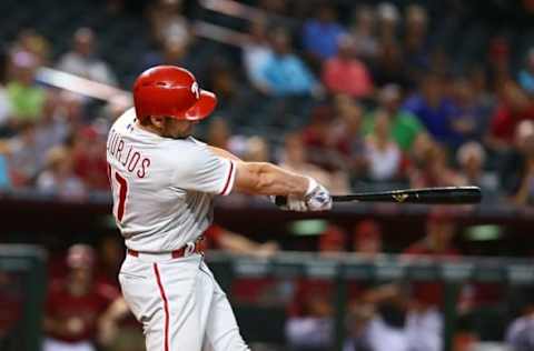 Jun 29, 2016; Phoenix, AZ, USA; Philadelphia Phillies outfielder Bourjos hits a two run home run in the first inning against the Arizona Diamondbacks at Chase Field. Mandatory Credit: Mark J. Rebilas-USA TODAY Sports