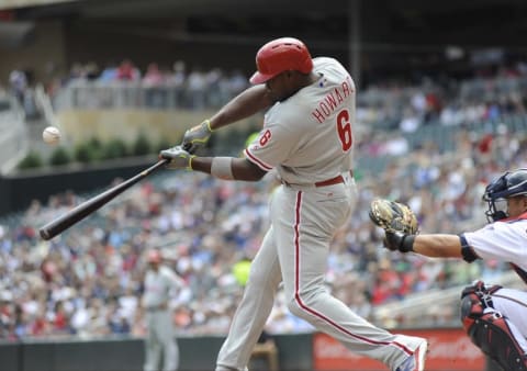 Jun 23, 2016; Minneapolis, MN, USA; Philadelphia Phillies designated hitter Ryan Howard (6) at bat during the second inning against the Minnesota Twins at Target Field. The Phillies win 7-3 over the Twins. Mandatory Credit: Marilyn Indahl-USA TODAY Sports