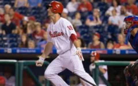 Jun 6, 2016; Philadelphia, PA, USA; Philadelphia Phillies first baseman Joseph (19) hits a solo home run during the ninth inning against the Chicago Cubs at Citizens Bank Park. The Chicago Cubs won 6-4. Mandatory Credit: Bill Streicher-USA TODAY Sports