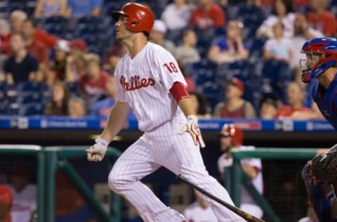 Jun 6, 2016; Philadelphia, PA, USA; Philadelphia Phillies first baseman Tommy Joseph (19) hits a solo home run during the ninth inning against the Chicago Cubs at Citizens Bank Park. The Chicago Cubs won 6-4. Mandatory Credit: Bill Streicher-USA TODAY Sports