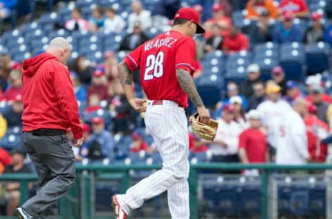 Jun 8, 2016; Philadelphia, PA, USA; Philadelphia Phillies starting pitcher Velasquez (28) leaves the game after an injury during the first inning against the Chicago Cubs at Citizens Bank Park. Mandatory Credit: Bill Streicher-USA TODAY Sports