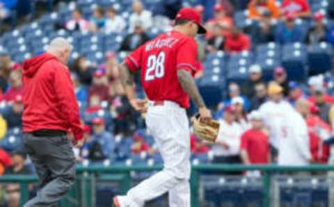 Jun 8, 2016; Philadelphia, PA, USA; Philadelphia Phillies starting pitcher Vince Velasquez (28) leaves the game after an injury during the first inning against the Chicago Cubs at Citizens Bank Park. Mandatory Credit: Bill Streicher-USA TODAY Sports