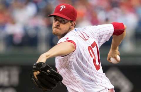 Jun 16, 2016; Philadelphia, PA, USA; Philadelphia Phillies starting pitcher Nola (27) pitches during the third inning against the Toronto Blue Jays at Citizens Bank Park. Mandatory Credit: Bill Streicher-USA TODAY Sports