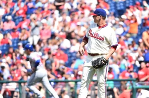 Jul 17, 2016; Philadelphia, PA, USA; Philadelphia Phillies relief pitcher Bailey (38) reacts after allowing a two run home run to New York Mets shortstop Cabrera (13) during the eighth inning at Citizens Bank Park. The Mets defeated the Phillies, 5-0. Mandatory Credit: Eric Hartline-USA TODAY Sports