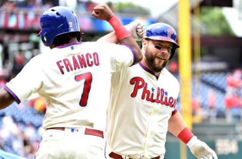 Jul 3, 2016; Philadelphia, PA, USA; Philadelphia Phillies catcher Cameron Rupp (29) celebrates with third baseman Maikel Franco (7) after hitting a three-run home run during the first inning against the Kansas City Royals at Citizens Bank Park. Mandatory Credit: Eric Hartline-USA TODAY Sports