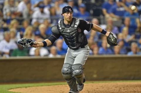 Jul 19, 2016; Kansas City, MO, USA; Cleveland Indians catcher Gimenez (38) runs after a wild pitch against the Kansas City Royals during the sixth inning at Kauffman Stadium. Mandatory Credit: Peter G. Aiken-USA TODAY Sports