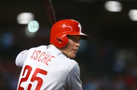 Jun 29, 2016; Phoenix, AZ, USA; Philadelphia Phillies outfielder Asche against the Arizona Diamondbacks at Chase Field. Mandatory Credit: Mark J. Rebilas-USA TODAY Sports