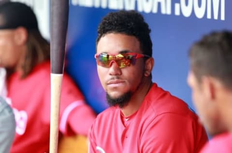 Mar 13, 2016; Tampa, FL, USA; Philadelphia Phillies shortstop J.P. Crawford (77) sits in the dugout against the New York Yankees at George M. Steinbrenner Field. Mandatory Credit: Kim Klement-USA TODAY Sports